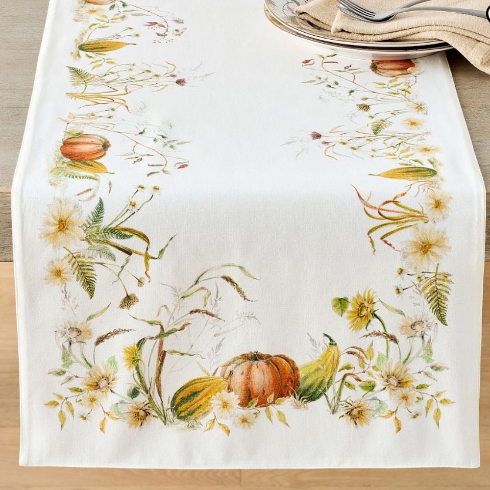Pottery Barn Fall Bedford Harvest Pumpkin Table Runner Cotton Linen 108” Long